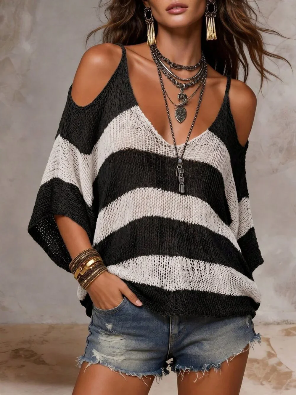 Black and White Oversized Casual Women's Cold Shoulder Pointelle knit pullover